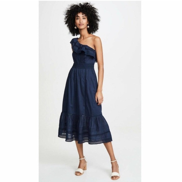 NWT Velvet By Graham Scott Blue One Shoulder Midi Dress - Picture 2 of 13